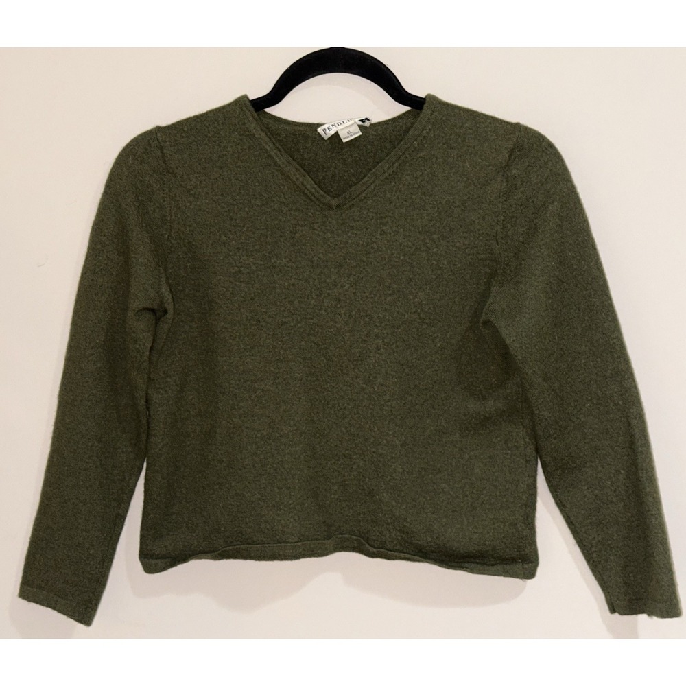 Pendleton Girls Youth XL 100% Merino Wool V-neck Sweater Olive Green Long Sleeve